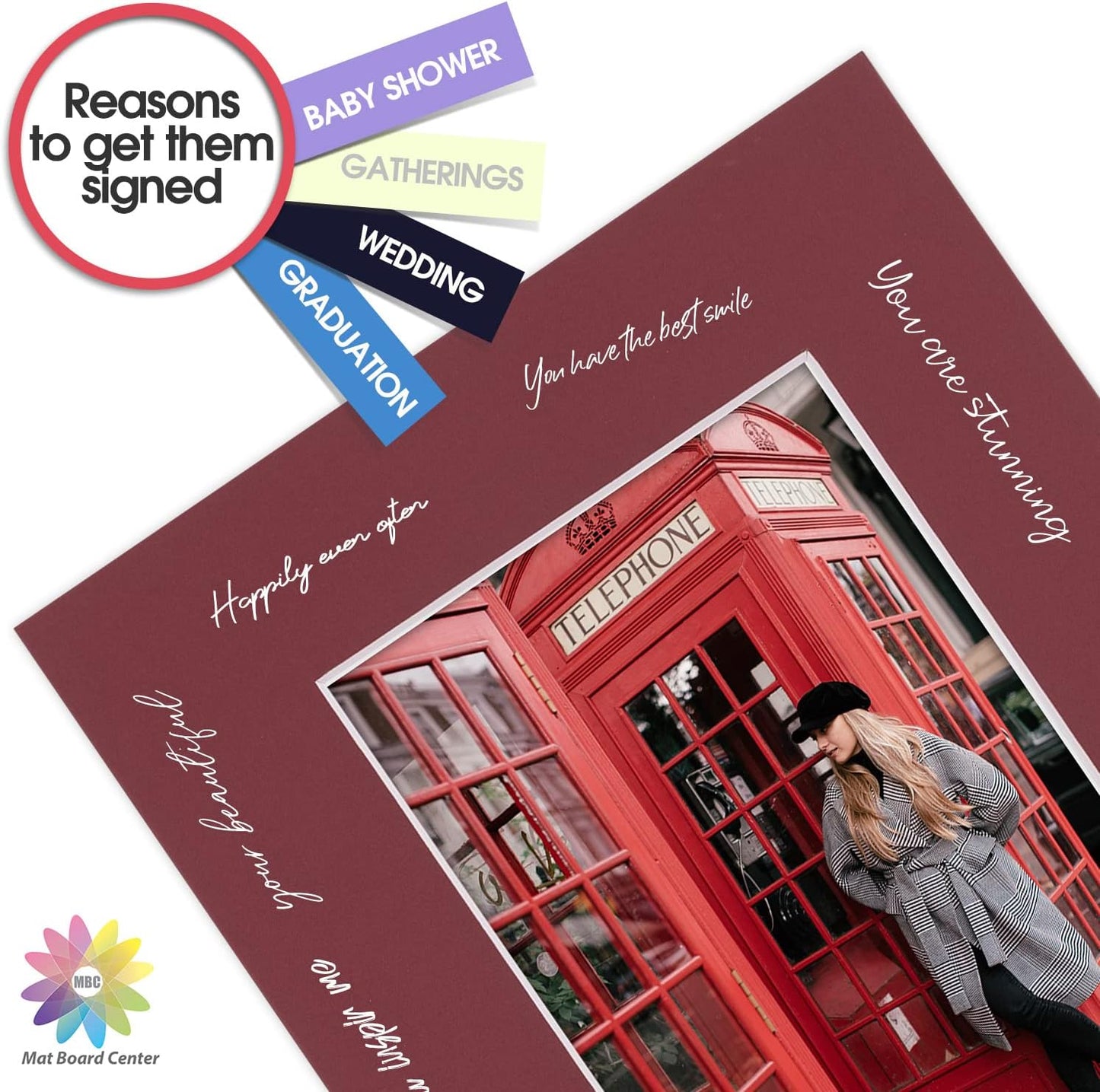 Mat Board Center, Pack of 10, 8x10 for 5x7 Maroon Color Mats - Bevel Cut, Acid Free, 4-ply Thickness, White Core - for Pictures, Photos, Framing