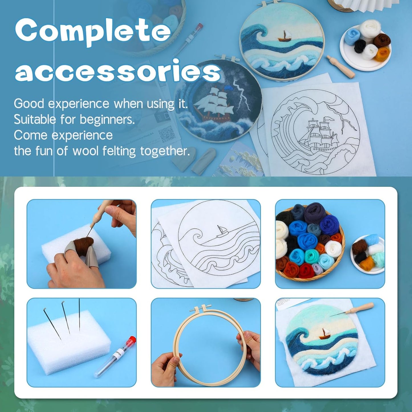 QMNNMA Needle Felting Kits, Wool Felting Kit with Picture Frame, Foam Pad, Felt Cloth, and Instructions, Needle Felt Painting Kit for Home Decoration (Sea Waves and Sailboats)