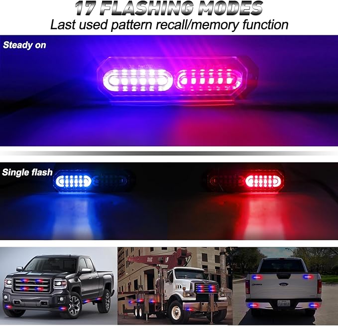 ASPL 8pcs Sync Feature Ultra Slim 12-LED Surface Mount Flashing Strobe Lights for Truck Car Vehicle LED Mini Grille Light Head Emergency Beacon Hazard Warning Lights (Red/Blue)