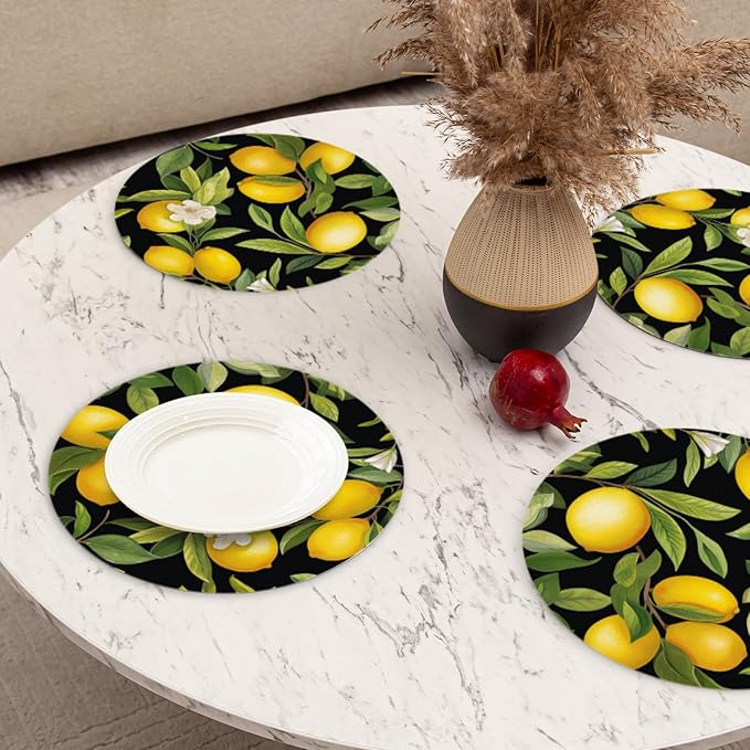 Faux Leather Ding Table Placemats Set of 4,Lemon Tree with Leaves Round Placemat Easy to Clean Heat-Resistant Waterproof Non-Slip Place Mats Indoor and Outdoor Scenes,13inch