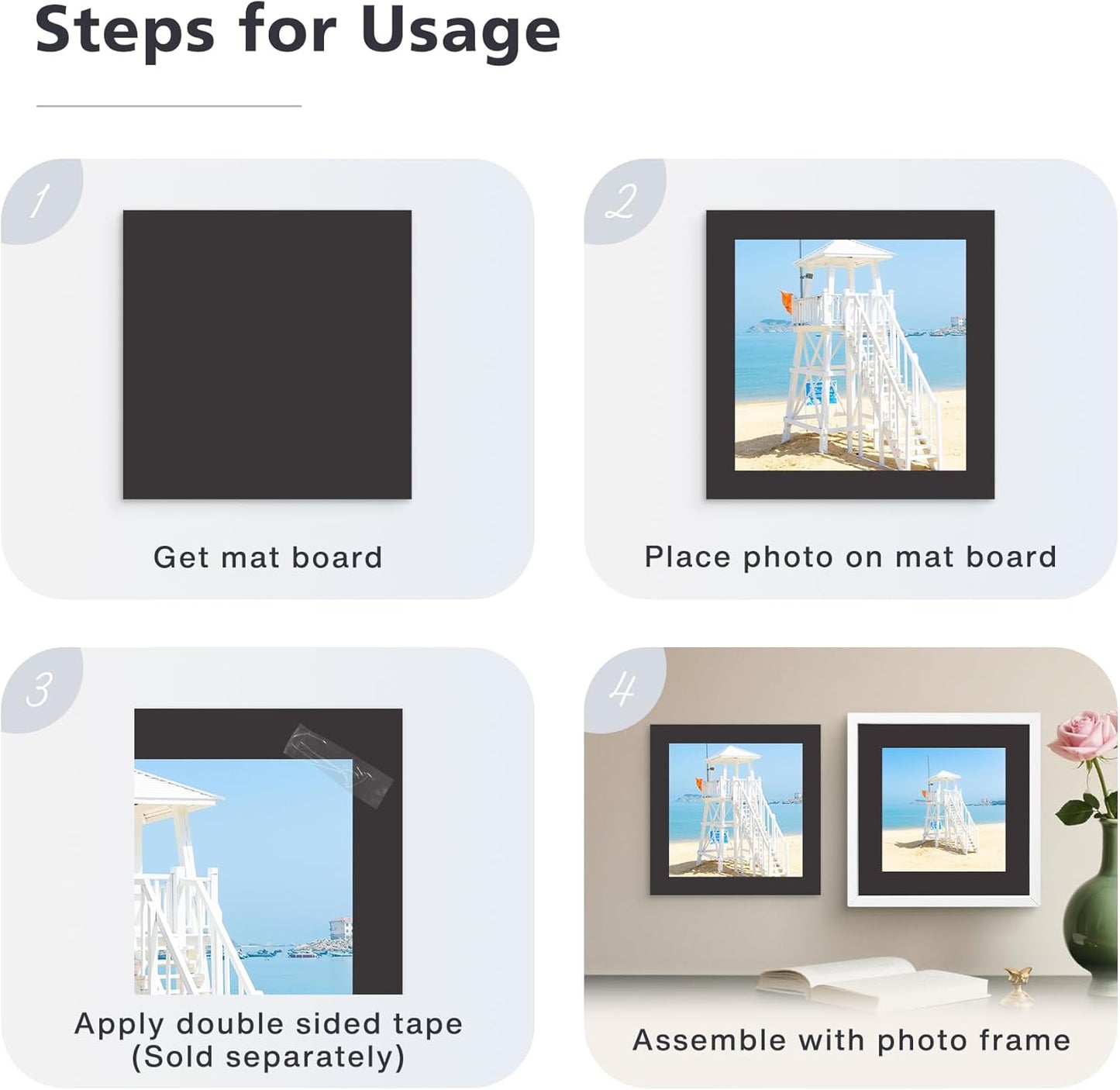 Golden State Art, 8x8 Uncut Photo Mat Matboard - Black Uncut Mats for DIY Projects, Presentation Boards, Art Crafts, Prints (50 Pack)