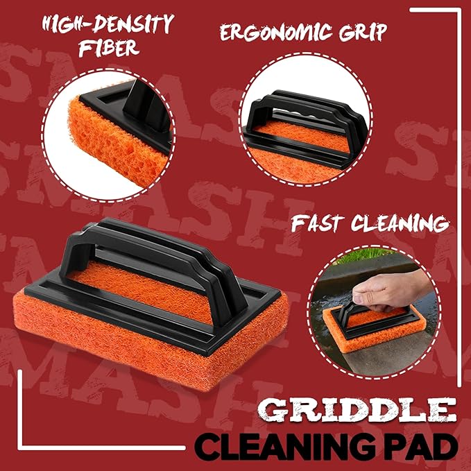 Smash Burger Press kit, Heavy-Duty Cast Iron Round Grill Bacon Press with Wood Handle, 3 in 1 Hamburger Press Patty Maker Tools, Cleaning Pad Set for Blackstone Griddle Flat Top Cooking