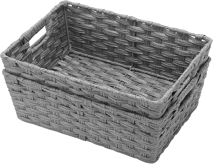 Large Wicker Storage Basket, Metal Frame, Set of 2, Washable Waterproof, 15" x 10.3" x 5.2", Grey Color, Woven Basket for Pantry, Toilet, Bathroom, Bedroom, Patio