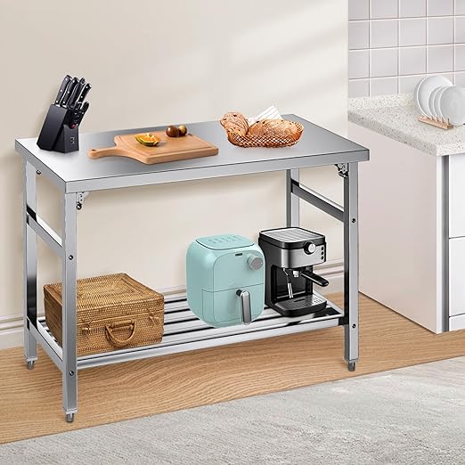 Commercial Foldable Heavy Duty Stainless Steel Table, 48 x 24 Inches Metal Prep & Work Desk with Adjustable UnderShelf and Feet for Kitchen Restaurant Home Garage Warehouse