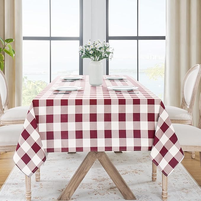 Softalker Gingham Checkered Tablecloth Square - Outdoor Waterproof Buffalo Plaid Table Cloth, Stain Resistant Washable Table Cover for Picnic, Camping, Dining - Burgundy and White, 54 x 54 Inch