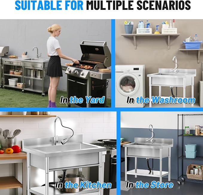Stainless Steel Utility Sink, 39.5" × 23.6" × 31.5"Freestanding Sink with Retractable Cold and Hot Water Faucet,Hoses and Drain Kit for Kitchens, Bathrooms, Garage, Laundry Room