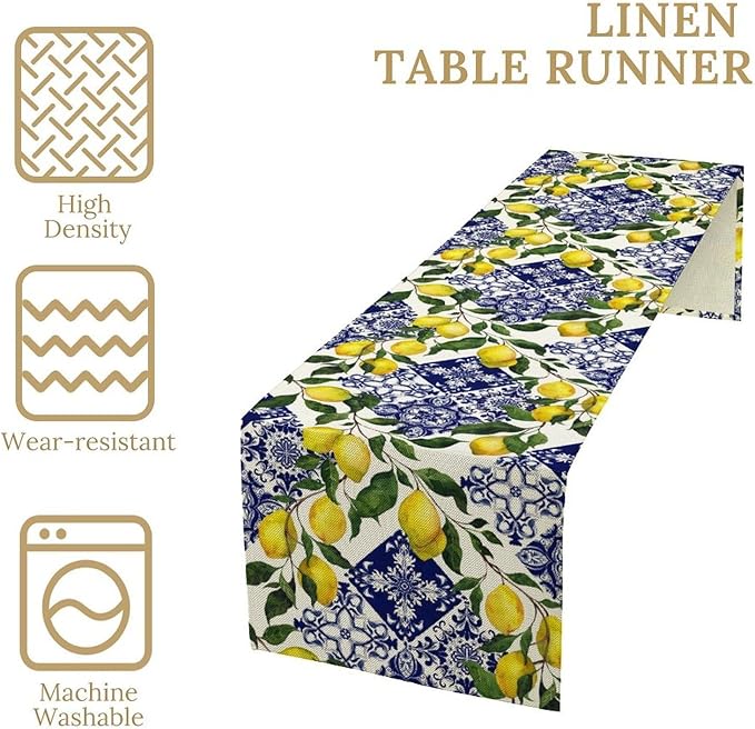 Lemon Fruit Nature Table Runner Farmhouse Talavera Ethnic Folk Rustic Watercolor Blue Dining Table Decoration for Home Holiday Party Dresser Kitchen Cabin Restaurant Wedding Decor 13×70in