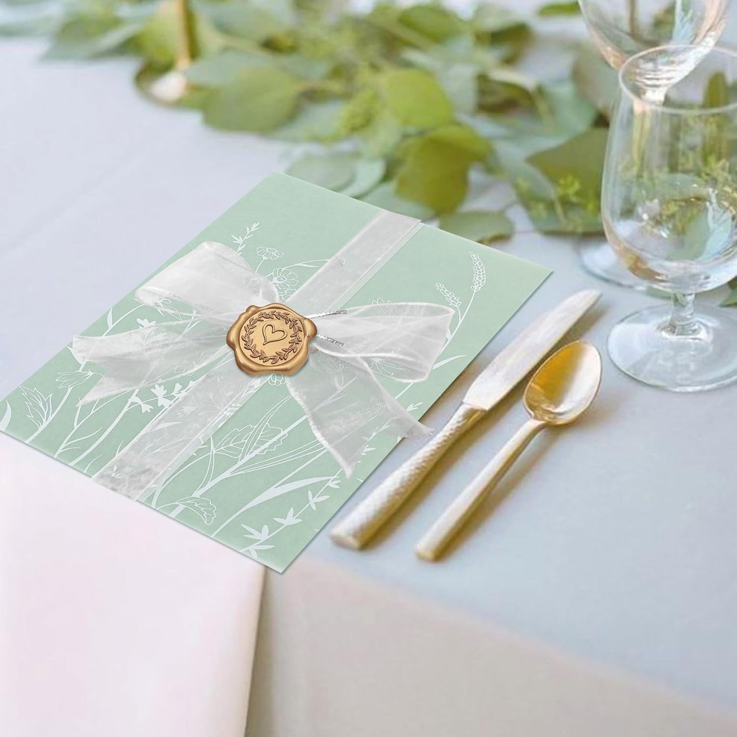 SWANGSA 50 Sets Wedding Invitations Wraps, Vellum Jackets for 5x7 Invitations & Self Adhesive Antique Gold Heart Wax Seal Stickers for Wedding Bridal Baby Shower Birthday Envelopes (White Wildflower)