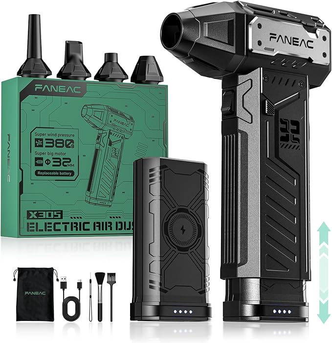 X305 Compressed Air Duster - 2 Removeable Battery Pack, 3-Speed Adjustable & 4 Nozzles, Ultra-Powerful 32mm BLDC, for Keyboard, Computer, House Cleaning