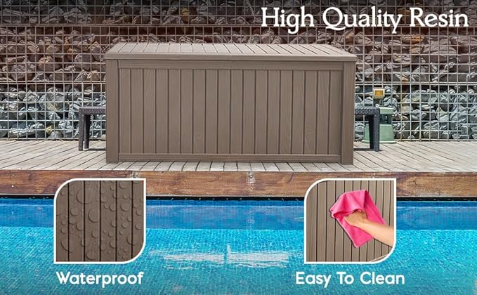 180 Gallon Large Resin Outdoor Storage Deck Box, for Patio Cushions, Garden Tools, Sports Equipment, and Pool Supplies, Lockable & Waterproof (Brown)