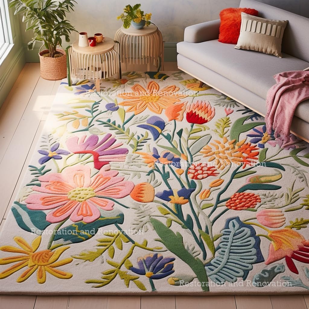 Handmade Wool Floral Area Rug for Living Room | Elegant Flower Garden Design, Soft, Thick and Durable | Bedroom, Dining Room & Home Decor Carpet (2.6' x 12', Floral B)