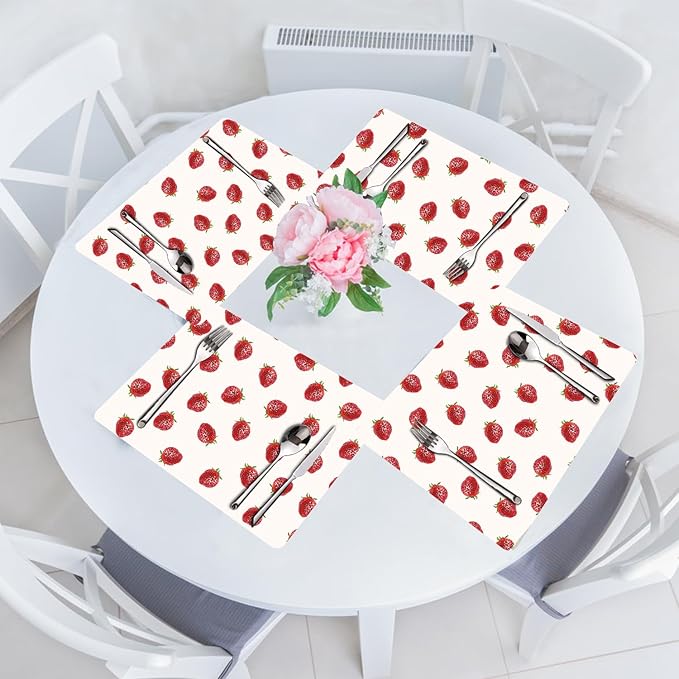 Strawberry Placemats Set of 4 - Faux Leather Heat Resistant Placemats for Dinner Table, Non-Slip Waterproof Oil-Proof Washable Reusable Placemat for Indoor Outdoor Kitchen Decor, 15.75In*11.81In