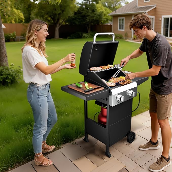 ROVSUN 2-Burner Propane Gas BBQ Grill with Foldable Side Tables & Enameled Cast Iron Grates, 24,000 BTU Barbecue Grill with Portable Wheels for Outdoor Patio Backyard Cooking Grilling, Black