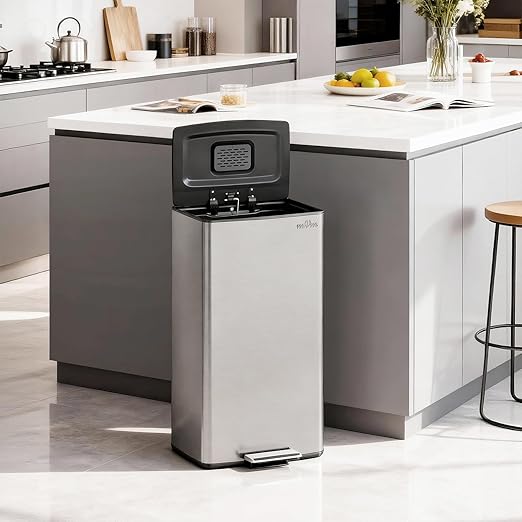 mVm Kitchen Trash Can, 40Liter / 10.6 Gal Brushed Stainless Steel Trash Can With Lid And Foot-Pedal, Soft-Close, Odor Control,Anti-Fingerprint,Garbage Can For Kitchen,Living Room,Office(Metallic Gray)