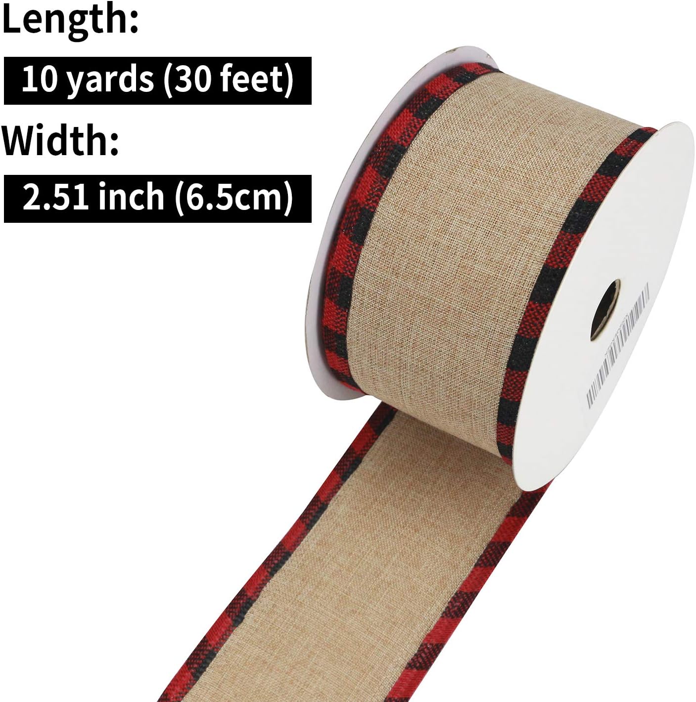 MEEDEE Burlap Christmas Ribbon Wired Burlap Ribbon 2.5 Inch 10 Yards Fall Burlap Ribbon with Red and Black Buffalo Check Edging Wired Plaid Burlap Ribbon for Christmas Tree, Wreath Making