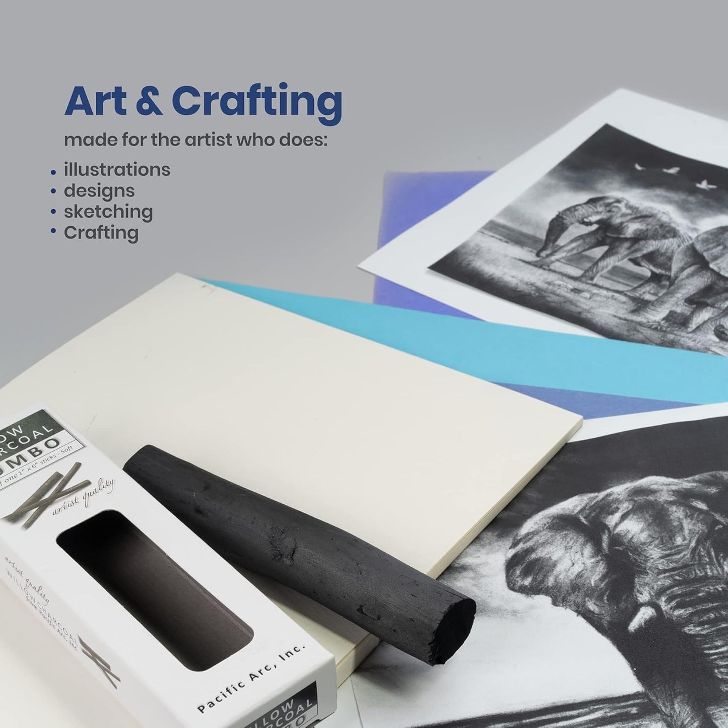 Pacific Arc Large Willow Charcoal Stick, Soft, Black, Willow Charcoal for Sketching and Drawing