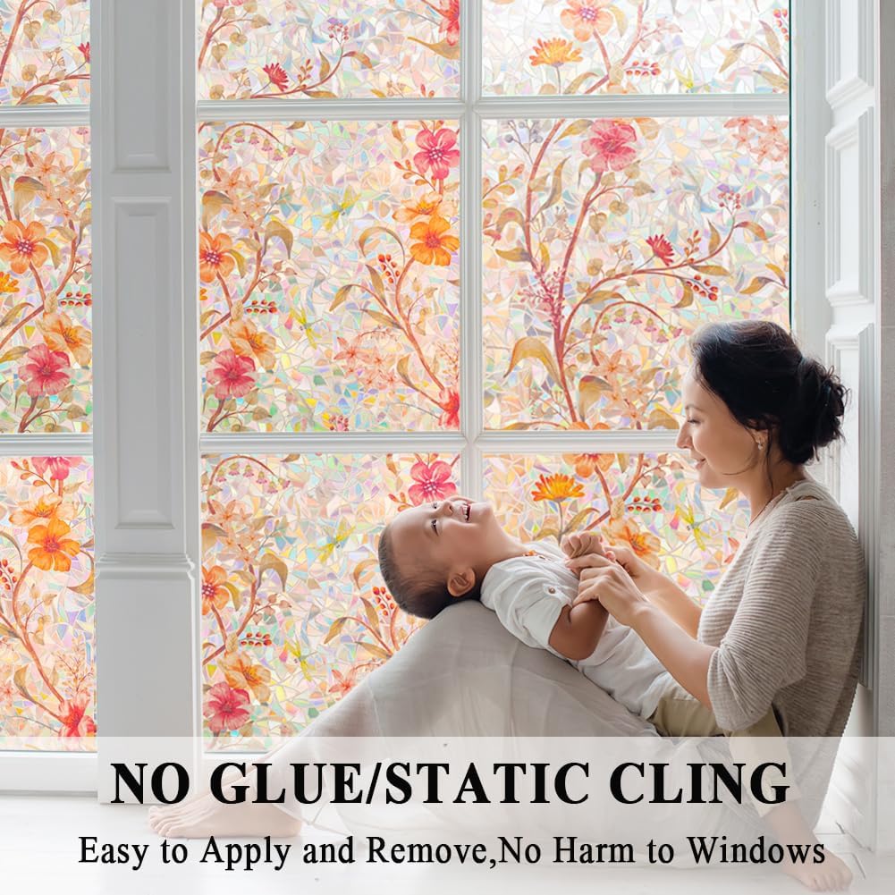 Stained Glass Window Film Static Cling Door Privacy Film Decorative Flowers Red Leaves Window Decals Stickers Heat Control Anti UV for Home and Office,23.6 inches by 78.7 inches