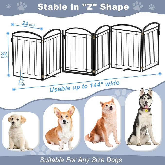 Full Metal Free Standing Dog Gate with Door for Indoor Barriers,144'' Extra Wide 32'' Tall Dog Gate for Doorways,Large Openings,Decks,Freestanding Portable Pet Fence(6 Panels,Black)