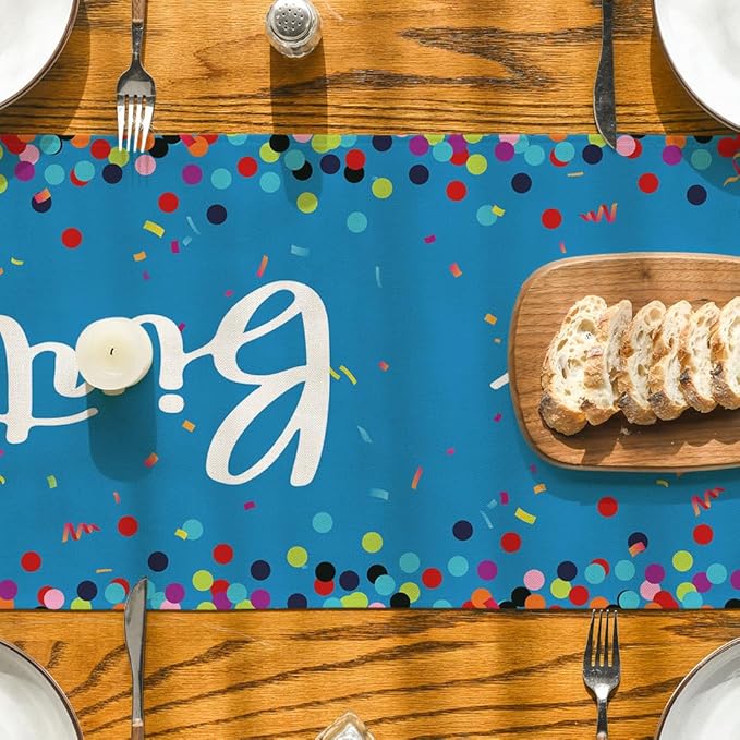 Artoid Mode Polka Dot Blue Happy Birthday Table Runner, Seasonal Winter Kitchen Dining Table Decoration for Home Party Decor 13x72 Inch