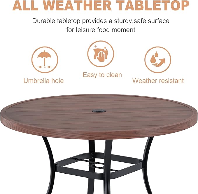 VICLLAX Round Patio Dining Table, 41 inch Metal Outdoor Dining Table with Umbrella Hole for Garden Lawn Balcony Deck, Walnut