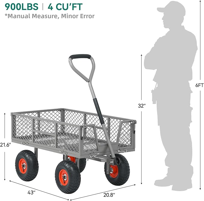 Heavy Duty 900 lbs Capacity Mesh Steel Garden Cart - 10" Pneumatic Tires, 180° Rotating Handle, Removable Sides, 4 CU'FT Utility Wagon for Yard & Garden Christmas Hauling