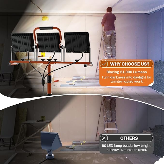 Upgraded 21000Lumen LED Work Lights with Stand - 3 Head Adjustable Work Light with 16FT Cord - IP66 Waterproof Tripod Worklights with Individual Switch for Outdoor Indoor Portable & All-round Lighting