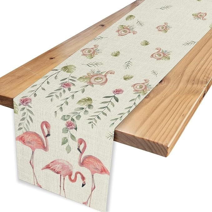 Flamingo Table Runner,Rustic Boho Grey Leaf Pink Rose Floral Tropical Bird Pattern Table Center Decor for Family Kitchen and Living Room Outdoor Farmhouse Party Table Decorations, 13"x72"