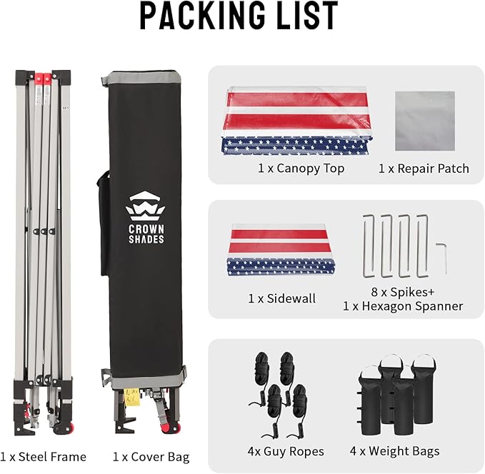 CROWN SHADES 10x10 Pop Up Canopy with 1 Side Wall - Beach Tent with One Push Setup - Outdoor Sun Shade for Events, Parties, Camping - Gazebo with STO-N-Go Cover Bag (American Flag)