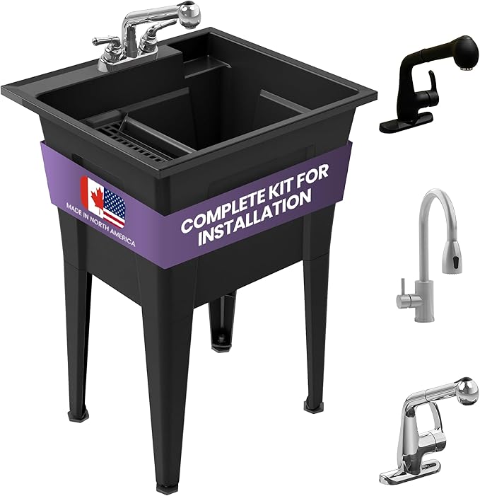Freestanding Utility Sink with Two Handle Chrome Faucet - 24" Plastic Utility Sink for Garage, Laundry, Indoor and Oudoor Use - Laundry Tub Kit by Noah William Home - Black (19.5 gal)