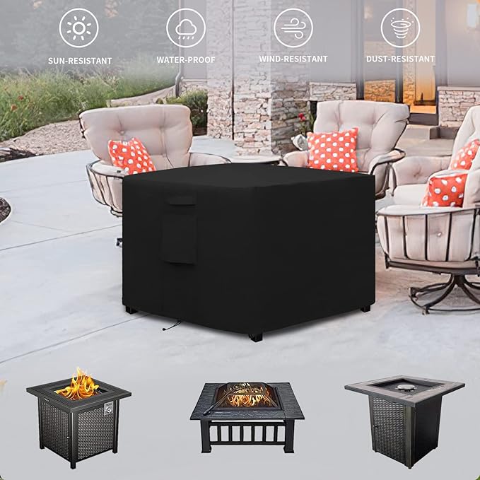 Easy-Going Outdoor Fire Pit Cover Square 32"Lx32"Wx24"H, Durable Outdoor Gas Firepit Cover, Waterproof and Weatherproof Cover for Fire Pit, Black