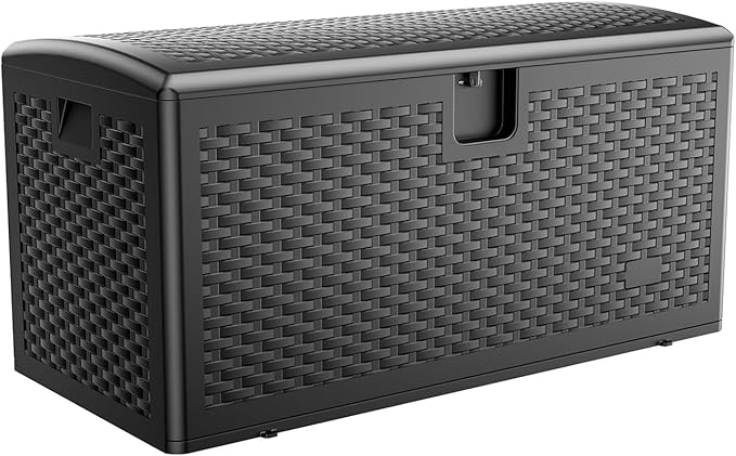 JEKO&JEKO 75 Gallon Outdoor Storage Box, Large Plastic Deck Box with Lockable Lid for Patio Furniture, Garden Tools, Outdoor Cushions and Shoes, Black