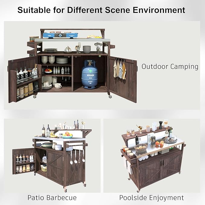 53.3" Outdoor Kitchen Island with Stainless Steel Top, Rolling Grill Cart with Adjustable Shelves, Raised Shelf, Lockable Wheels, Portable Outdoor Table and Bar Storage Cabinet for Patio