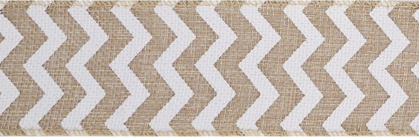 MEEDEE Burlap Ribbon with White Chevron Pattern - 2.5 Inch Wired Ribbon for Cakes, Wreaths, Rustic Decor, Baby Showers, Beach Parties, Farmhouse Gifts - 10 Yards