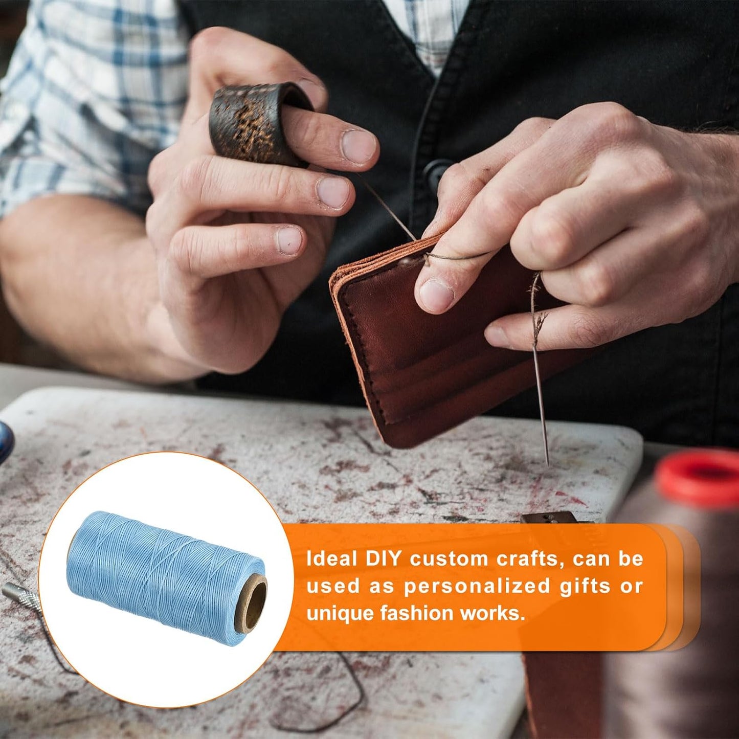 MECCANIXITY Waxed Thread,284 Yard 0.8mm 150D Flat Wax Thread Polyester Waxed String for Leather Sewing Hand Weaving Book Binding Home Decoration,Light Blue