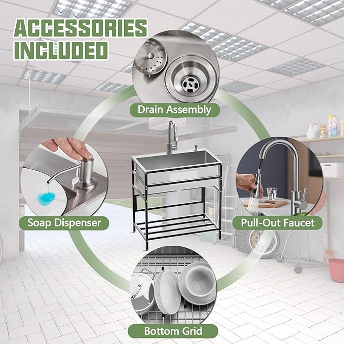 30x18 Inch Stainless Steel Utility Sink-Freestanding Laundry Sink Practicality With Accessories Stainless Functional Faucet,Soap Dispenser, SS Sink Grid For Laundry,Garage,Outdoor Kitchen,Garden...