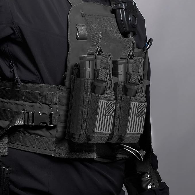 Open-Top Single/Double/Triple Molle Mag Pouch for 5.56mm M4 M16 AK AR Glock M1911 9mm Elastic Rifle Magazines Pistol Mag Pouches Holder Carrier with USA Flag Patch