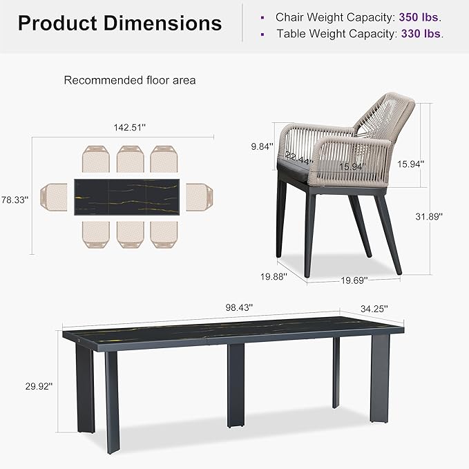PURPLE LEAF 9 Pieces Patio Dining Set Aluminum Modern Rectangular Table and Rattan Arm Chairs with Cushions for Kitchen Porch Garden Outdoor Furniture Sets, Dark Grey