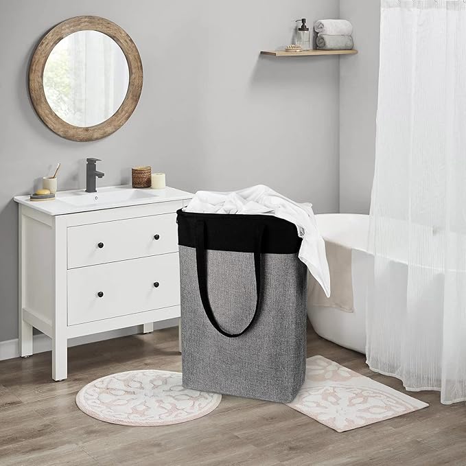 Laundry Hampers 15.2Lx7.5Wx23H Small&Tall Slim Fabric Laundry Baskets Thin Narrow Black+Gray Compact Hamper Capacity 43L for Space-Saving,QY-SC23-2