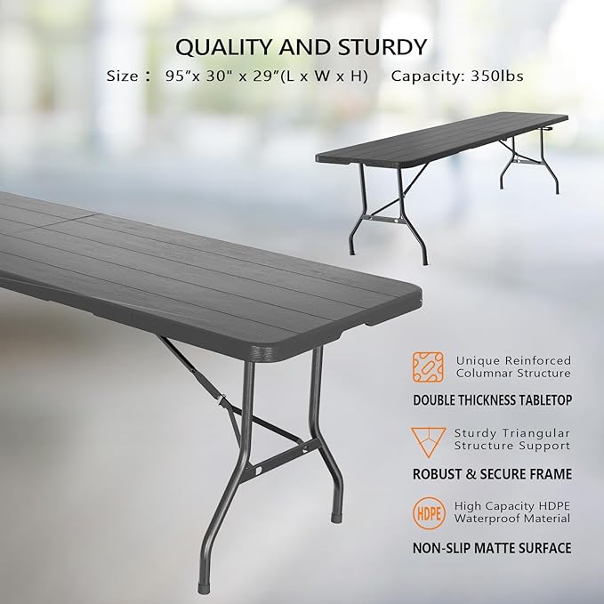 VINGLI 8 Foot Plastic Folding Table Portable Long Table for Indoor Outdoor Use Rectangular with Carrying Handle, Black
