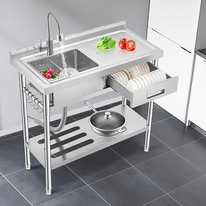 Freestanding Stainless Steel Utility Sink with Workbench, Right Drawer, Commercial Kitchen Sink with Faucet, Hot & Cold Water, Storage Shelf, S-Hook, Knife Holder, Adjustable Leg for Indoor Outdoor