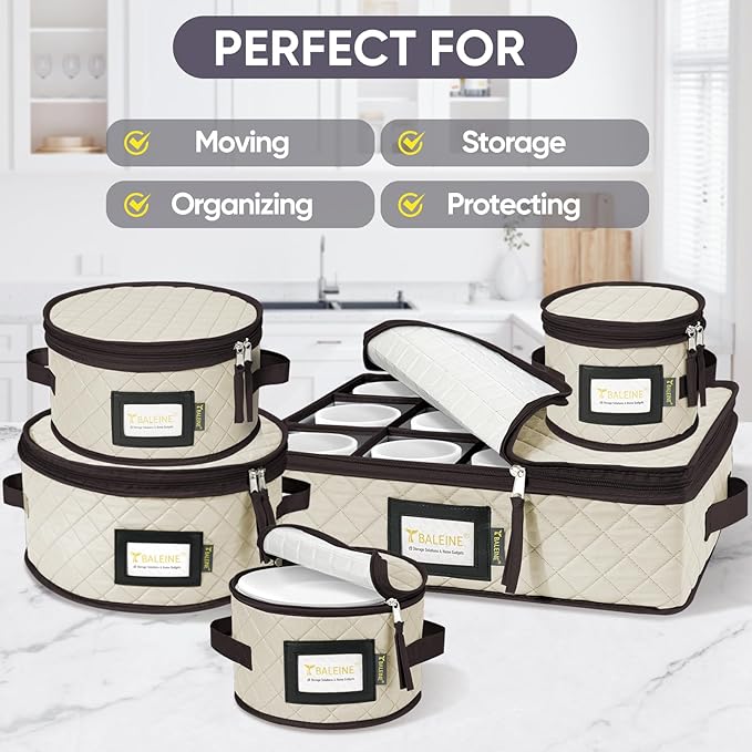 BALEINE China Storage Containers, Sturdy Quilted Wine Glass Storage, Plate Organizer with Carry Handles, Moving Boxes for Dishes, Cups, Mugs and Stemware (Plate Mug Combo, Soft Shell Cream)