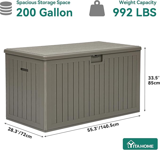 YITAHOME 200 Gallon Extra Large Deck Box, Double-Wall Resin Outdoor Storage Box with Flexible Divider for Patio Cushions Pool Supplies Garden Tools, 990 lbs Load Capacity, Lockable (Light Brown)