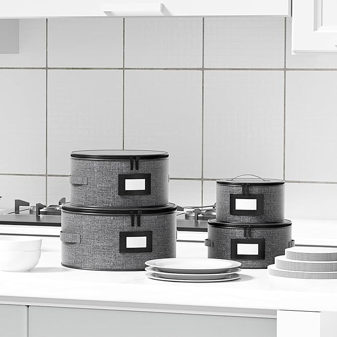 Aokeyee 4 Pcak China Storage Containers, Hard Shell Plates Storage Box with 48 Soft Divider for Saucer, Dessert, Salad, Dinner, Sturdy Quilted Stackable Dish Organizer for Moving & Protection, Grey