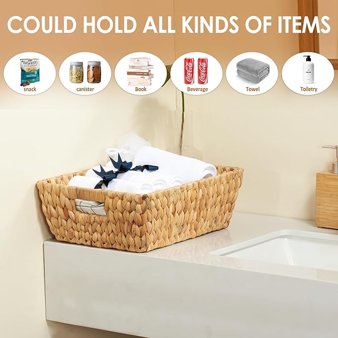 Wicker Baskets 2 Pack, Water Hyacinth Wicker Storage Basket with Handles for Organizing, Handmade Large Baskets, Natural