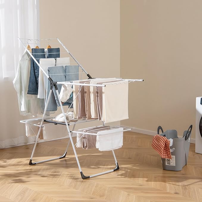 GOFLAME Clothes Drying Rack, 2-Tier Folding Laundry Drying Rack with Height-Adjustable Wings, 33 Drying Rails, Middle Sock Clips, Side Wave-shaped Bars, Freestanding Laundry Hanger, No Assembly Needed