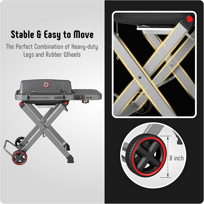 Portable Propane Gas Grill with Folding Cart & 13000 BTUs Burner, 360 Sq. In. Cast Iron Cooking Grates, Side Table, 8" Wheels, Stainless Grease Tray for Outdoor BBQ, Camping & Tailgating, Grey