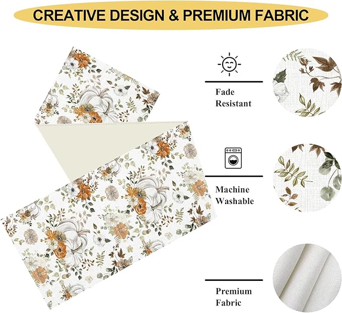 Fall Table Runner, Farmhouse Seasonal Autumn Pumpkin Harvest Thanksgiving Rustic Coffee Table Center Decor for Home Kitchen Dining Patio Holiday Party Indoor Outdoor Table Decorations, 13"x90" Inch