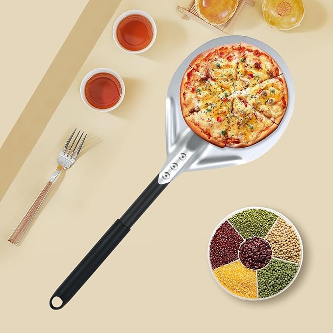 Perforated Pizza Peels 6 INCH pizza spatula paddle Long Handle Metal Pizza Spatula for Indoor and Outdoor (12inch extension)