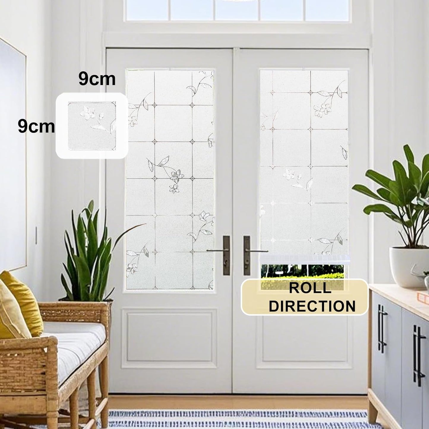 Window Privacy Film Decorative for Front Door, Bathroom Static Cling Stained Glass Sticker Opaque Heat Control UV Blocking Non-Adhesive for Home Windows, Fresh Flowers