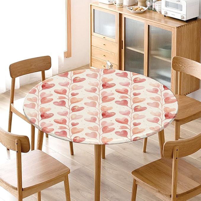 Valentines Day Round Fitted Tablecloth with Elastic Pink Love Heart Circle Table Cloth for 40-44" Round Tables Wipeable Waterproof Washable Valentine Hearts Table Cover for Picnic Dining Party Decor